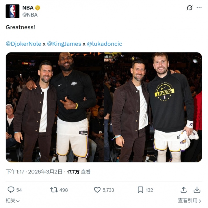 pg电子技巧-NBA官方晒德约科维奇与詹姆斯&amp;东契奇合影：伟大！